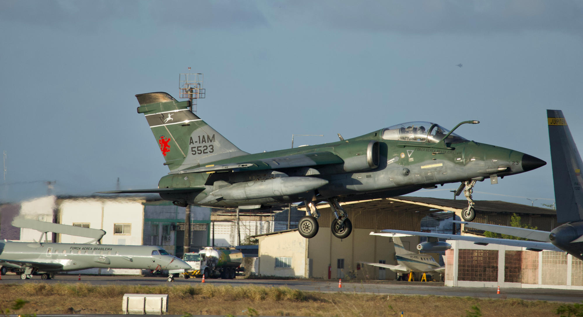 Embraer A-1AM (FAB 5523) from 1°/10°GAv "Poker" squadron based At Santa Maria Air Base in the south of Brazil lands at BANT after an afternoon mission.