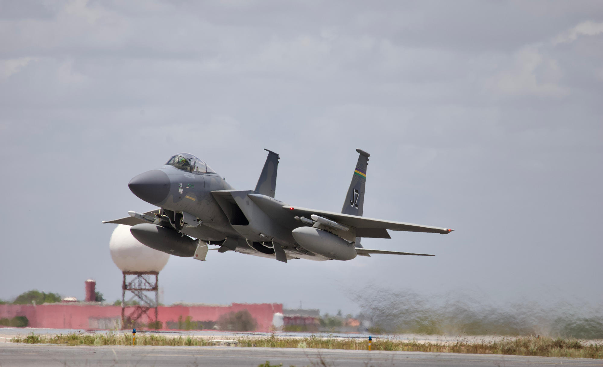 An F-15C from the Louisiana Air National Guard ("The Bayou Militia") taking off from the BANT's RWY 16L.