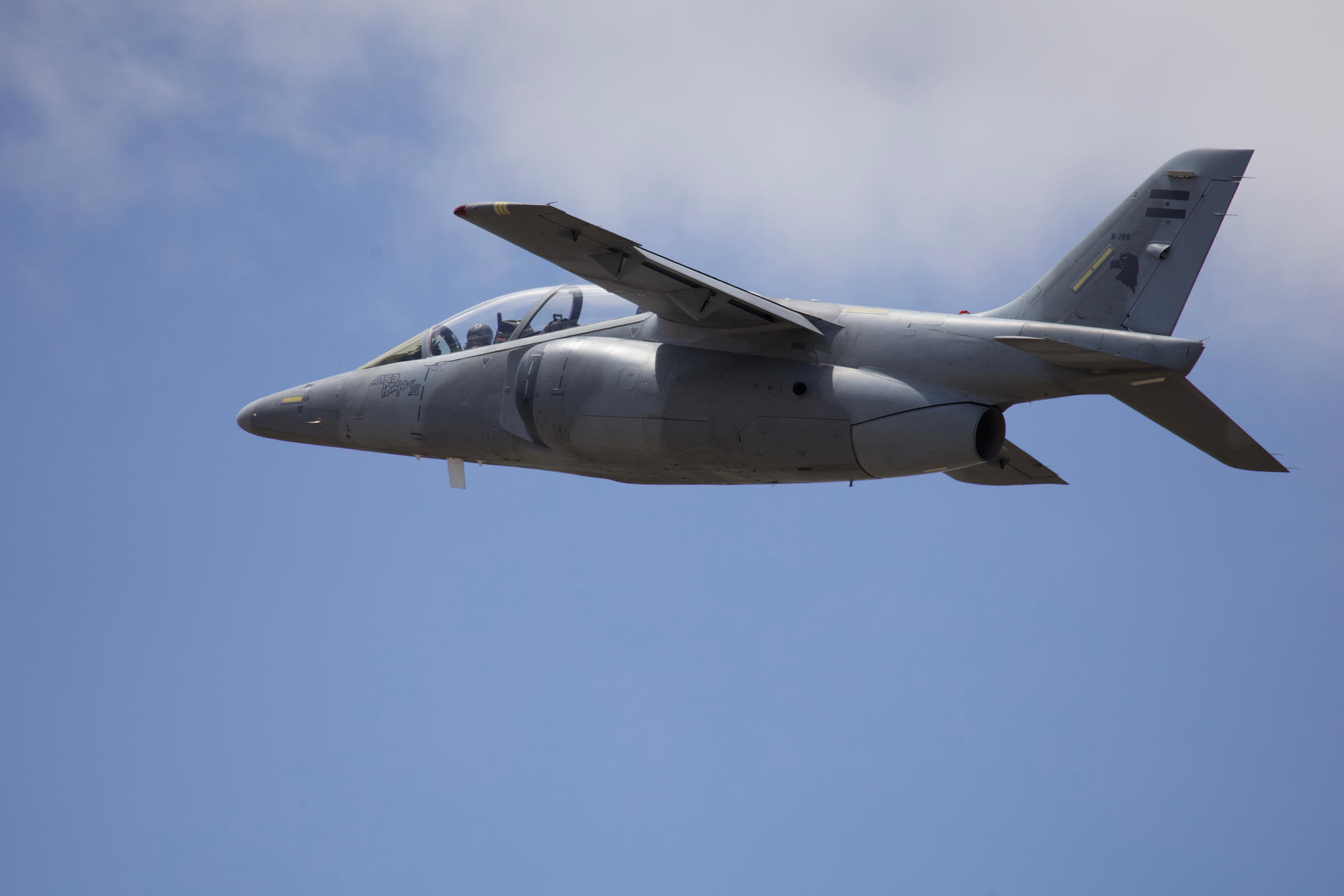 Argentinian Air Force Pampa III (A-709) from Grupo 6 de Caza (Fighter Squadron 6) departing for a morning mission. The type is based at the VI Brigada Aérea (VI Air Brigade) at Tandil, Buenos Aires province.