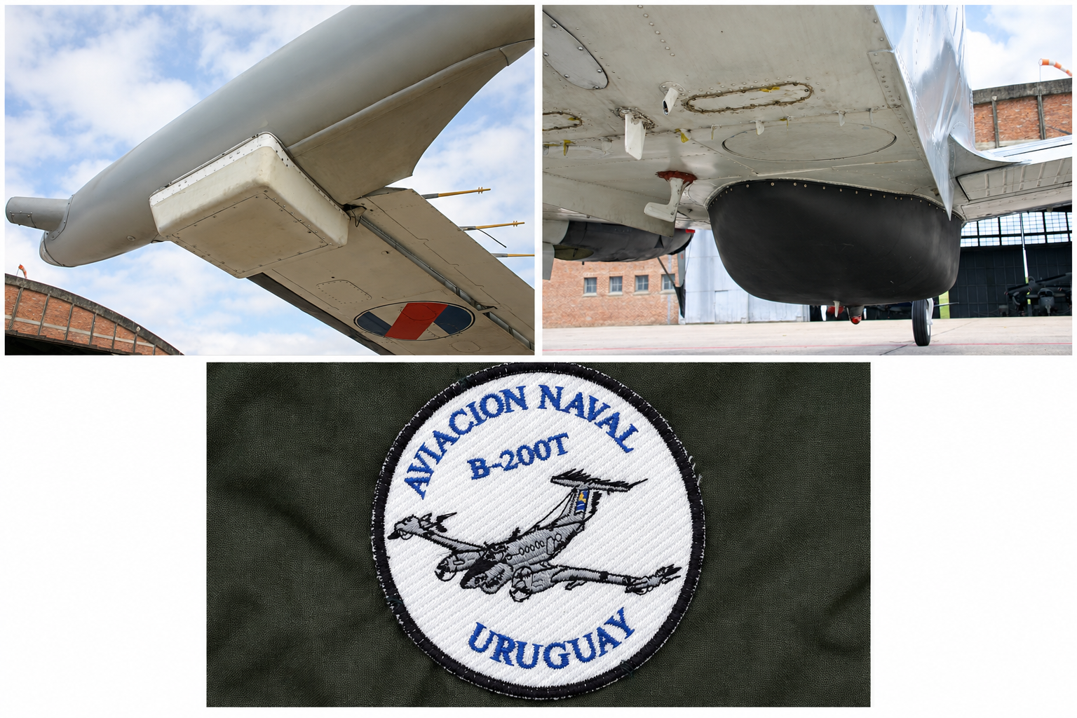 Arriba de Izq. a derecha: Sensor del sistema ESM Elisra, radar ventral APS.128 y parche de las tripulaciones del Armada 871. (Ernesto Blanco Calcagno/www.airpressman.com)