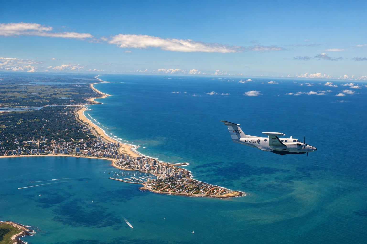 Con la hermosa península de Punta del Este por detrás - limite exterior del Rio de la Plata con el Océano Atlántico - Armada 871 pone rumbo sur en una nueva misión. (Ernesto Blanco Calcagno/www.airpressman.com)